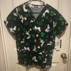 Black and Green Dog Print St. Patrick’s Day Scrub Top
